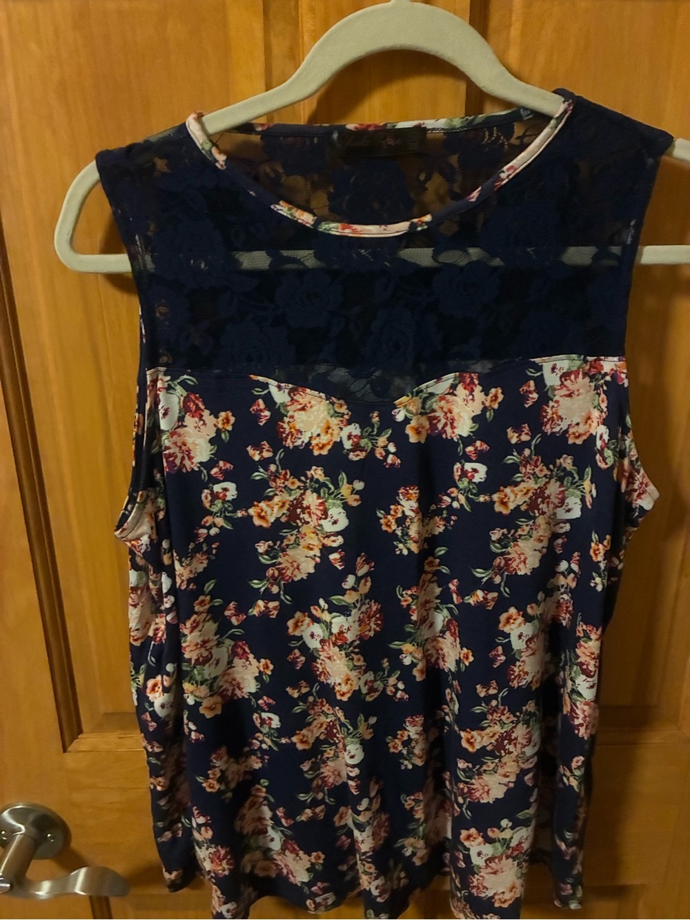 Floral Navy Lace Yoke Women's Tank Top